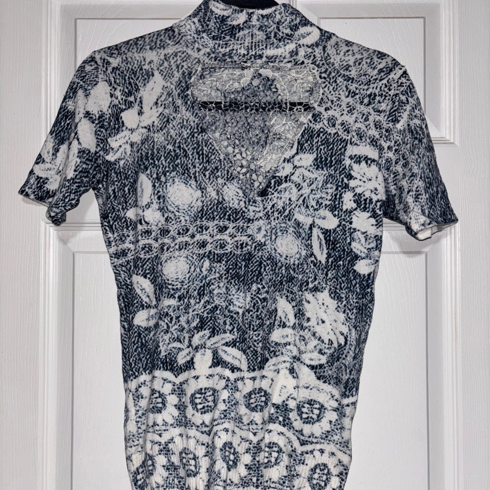 Elegant Women's Lace Top - Navy and White